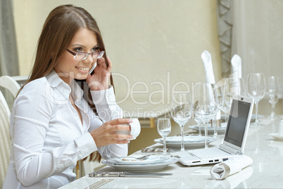 Business lunch. Charming woman working at dinner