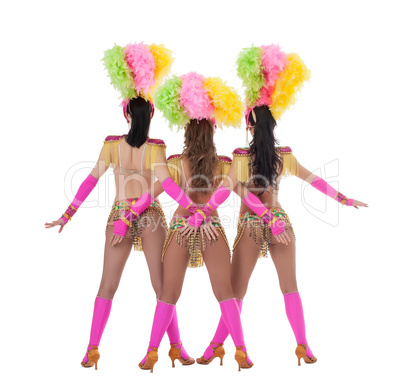 Rear view of sexy dancers in carnival costumes