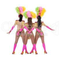 Rear view of sexy dancers in carnival costumes