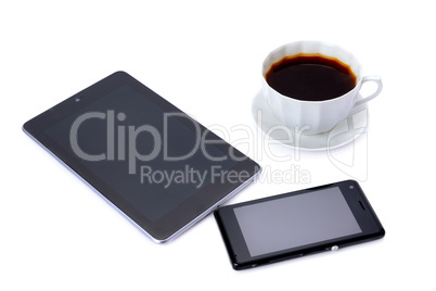 mobile phone, tablet and coffee cup isolated on white background