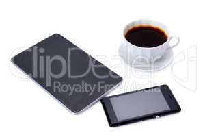 mobile phone, tablet and coffee cup isolated on white background
