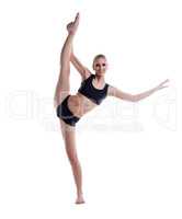 Smiling blonde posing doing vertical split