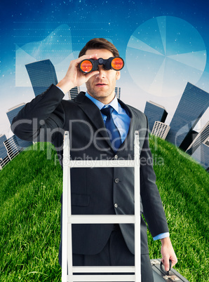 Composite image of businessman looking on a ladder