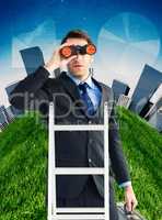 Composite image of businessman looking on a ladder