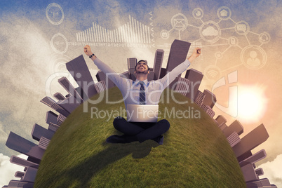 Composite image of businessman sitting on the floor cheering