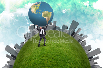 Composite image of businessman carrying the world