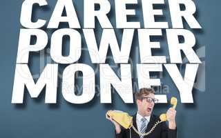 Geeky businessman shouting at telephone