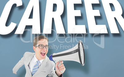 Geeky businessman shouting through megaphone