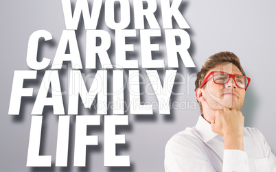 Young geeky businessman thinking with hand on chin