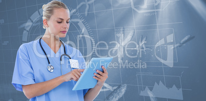 Serious doctor looking at clipboard