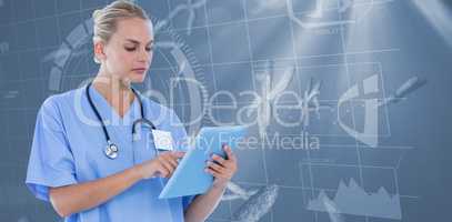 Serious doctor looking at clipboard