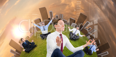 Zen businessman meditating in yoga pose