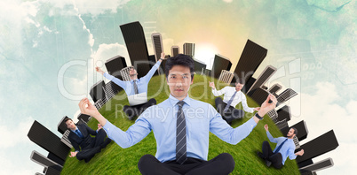 Composite image of asian businessman doing yoga