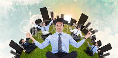 Composite image of asian businessman doing yoga