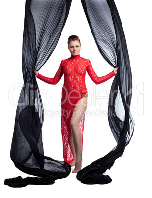 Aerial silks. Lovely dancer posing in sexual dress