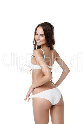 Advertising underwear. Back view of happy model