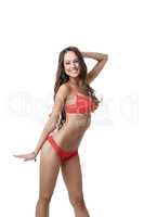 Beautiful model advertises red erotic lingerie