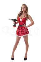 Sexy model posing in Santa dress with drill