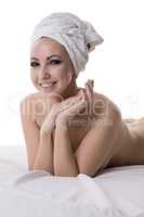 Smiling girl posing nude with vivid makeup
