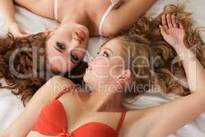 Top view of seductive lesbian girls in bed