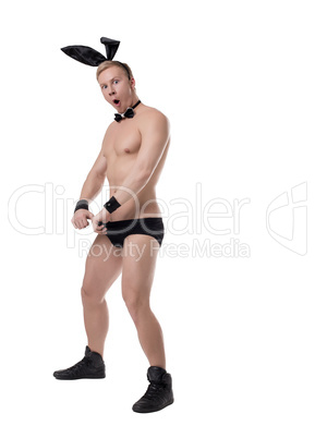 Funny blond stripper dressed as sexy rabbit