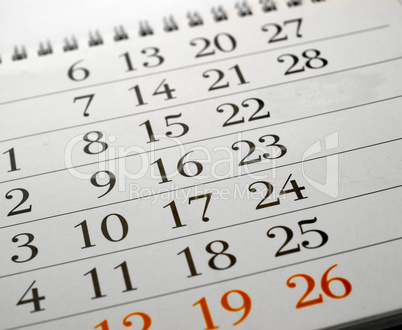 Calendar page with selective focus