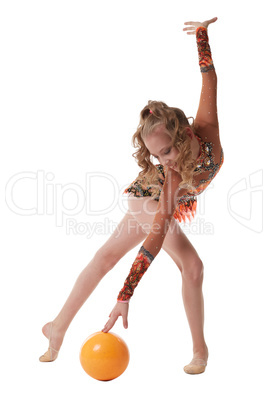 Cute gymnast dancing with ball. Isolated on white