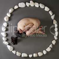 Nude woman lying in circle made of stones