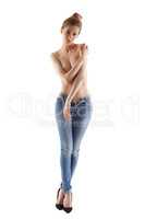 Image of topless woman posing in skinny jeans