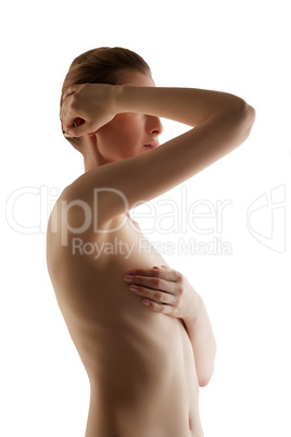 Nude woman covers her breast. Mammalogy concept