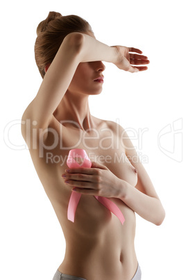 Concept of breast diseases. Woman posing topless