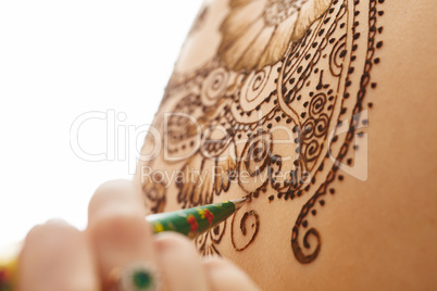 Art of mehndi. Complex pattern on body, close-up