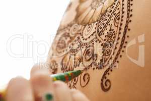 Art of mehndi. Complex pattern on body, close-up