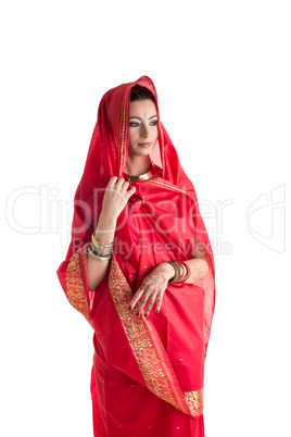 Beautiful East woman in sari, isolated on white