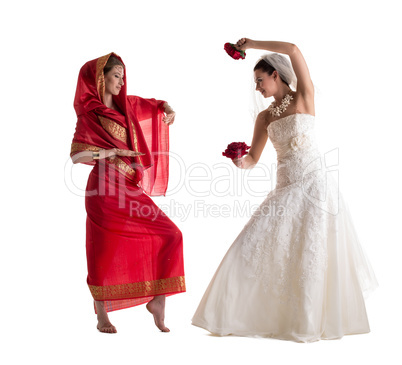 Concept. Traditional fiancee vs modern bride