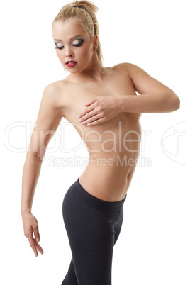 Erotic sport. Pretty female athlete posing topless