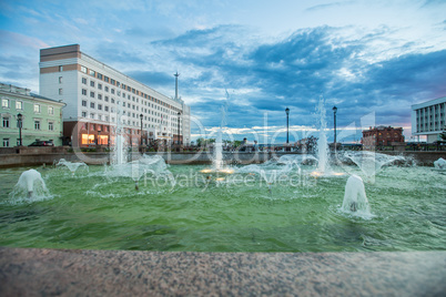 Fountain on embankment of Tomsk in summer