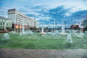 Fountain on embankment of Tomsk in summer