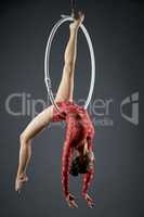Studio photo of cute dancer posing on aerial hoop