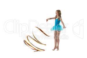 Image of nice little gymnast dancing with ribbon