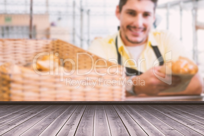 Composite image of high angle view of gray hardwood floor