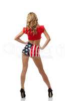 Rear view of model in blouse and patriotic shorts