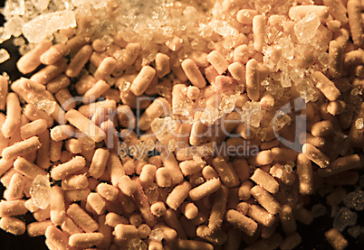 Macro view of dry yeast with crystallic sugar