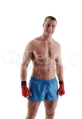 Bodybuilder with hand bandages, isolated on white