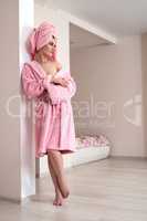 Woman posing in comfortable clothes after shower
