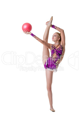 Pretty female gymnast with ball, isolated on white
