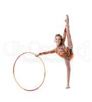 Smiling little gymnast dancing with hoop