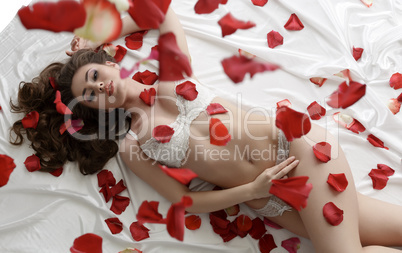 Sexy underwear model posing lying in rose petals