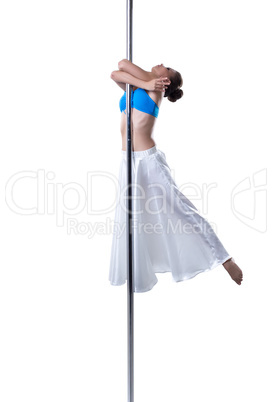 Pole dance. Cute girl dancing, isolated on white