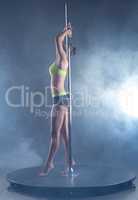 Pole dance. Harmonous girl posing in spotlights